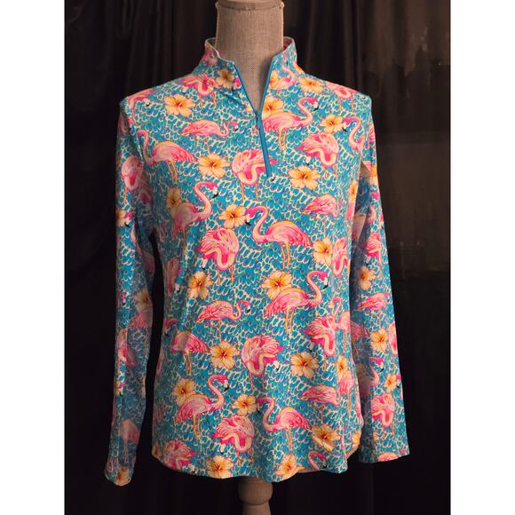 NWOT IBKUL Penny Turquoise Flamingo Long Sleeve Mock Golf Shirt, Size Medium - Picture 2 of 8